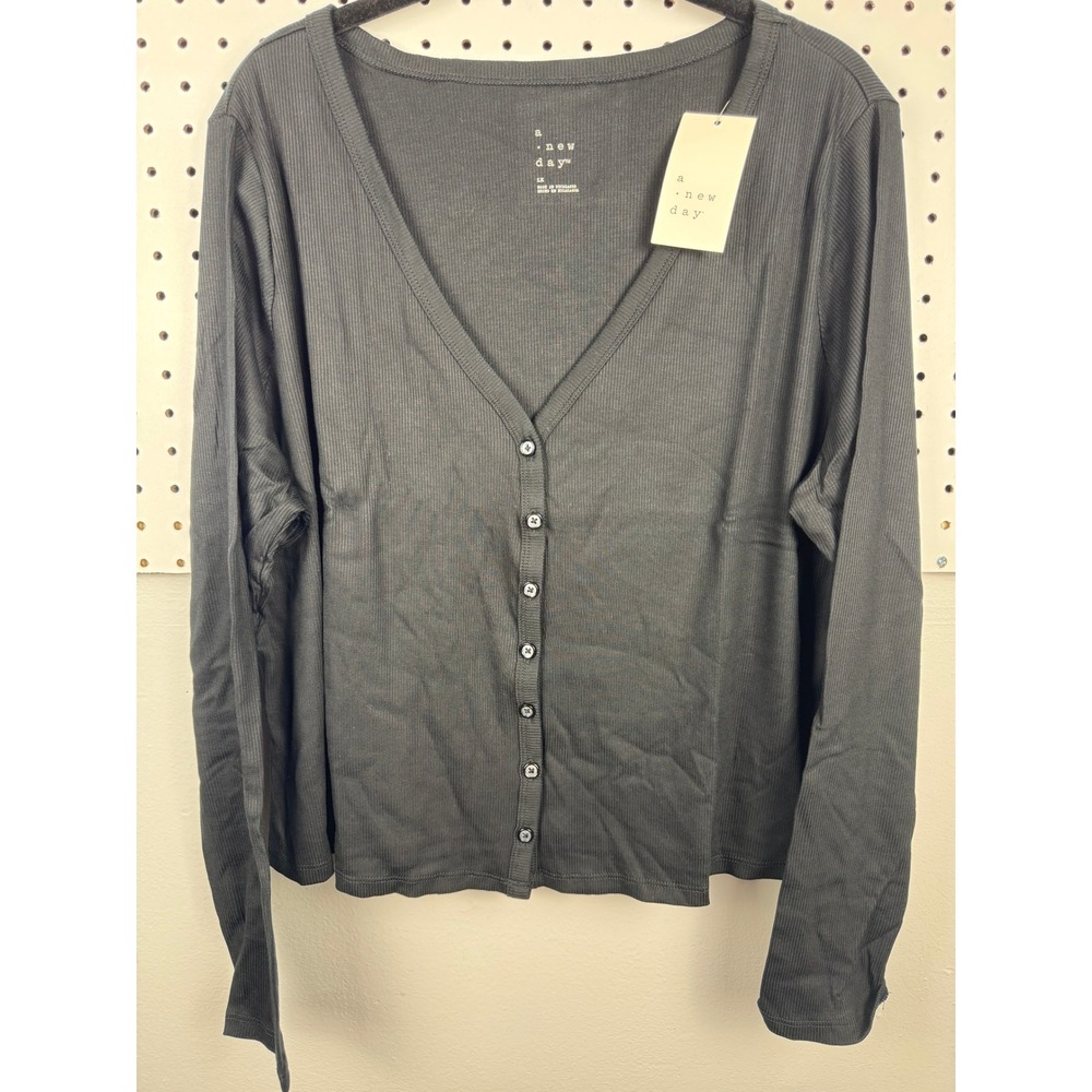 A New Day Womens Ribbed Knit V-Neck Cardigan Dark Gray Long Sleeve XL AM-953